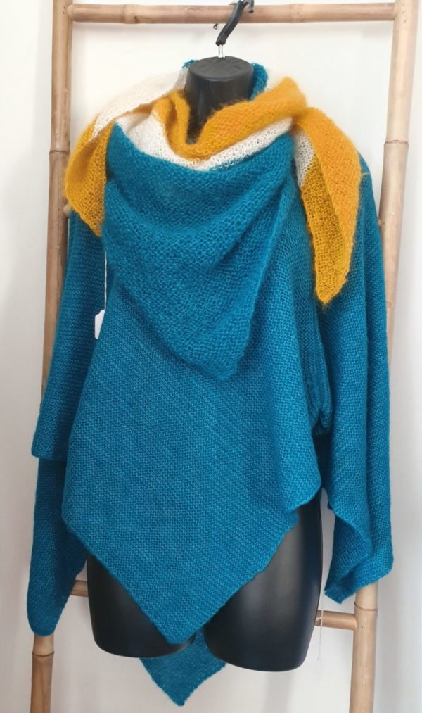 chale mohair et soie bleu lagon ecru jaune mangue