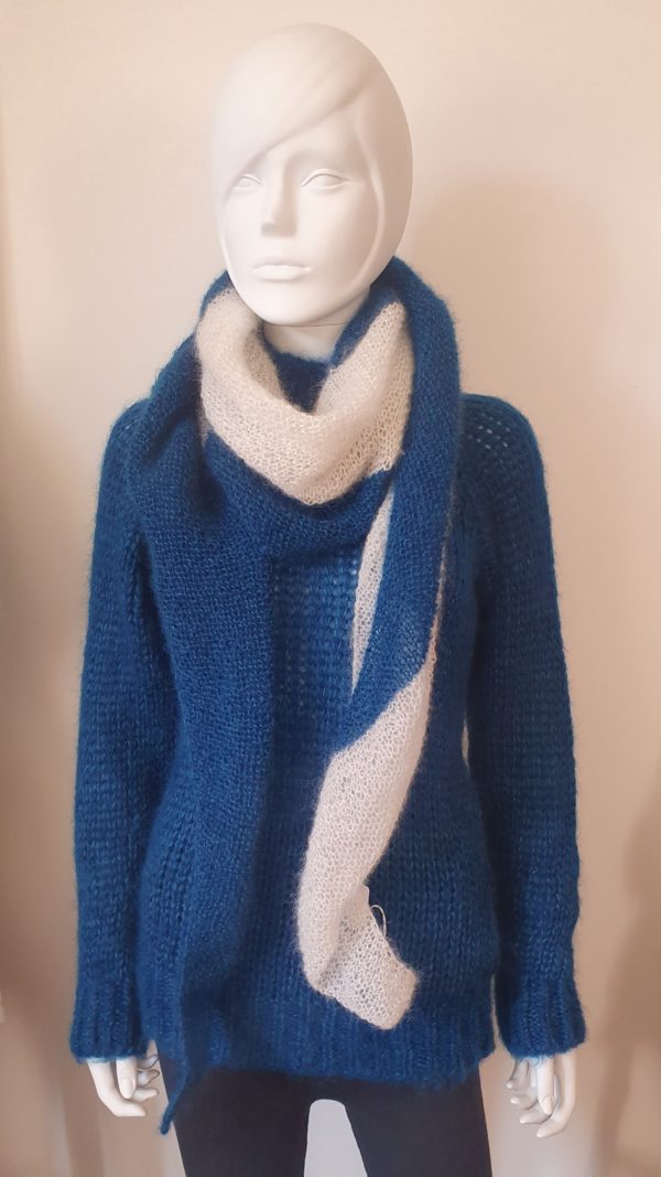 Châle indienne mohair et soie Bleu paon et ecru