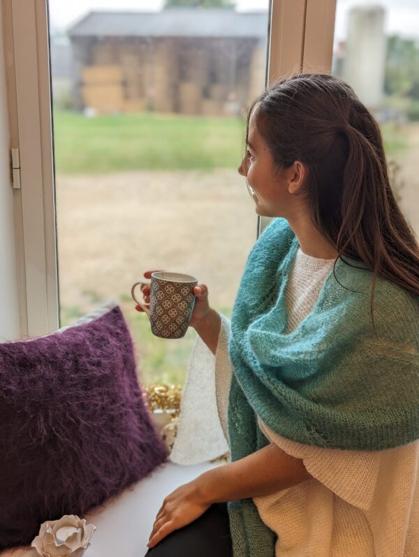Etole mohair et soie vert sauge tricotée main